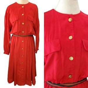 Vintage 80s‎ Womens Red Longsleeve Maxi Modest Shirt Dress Blouson Pleated L/XL